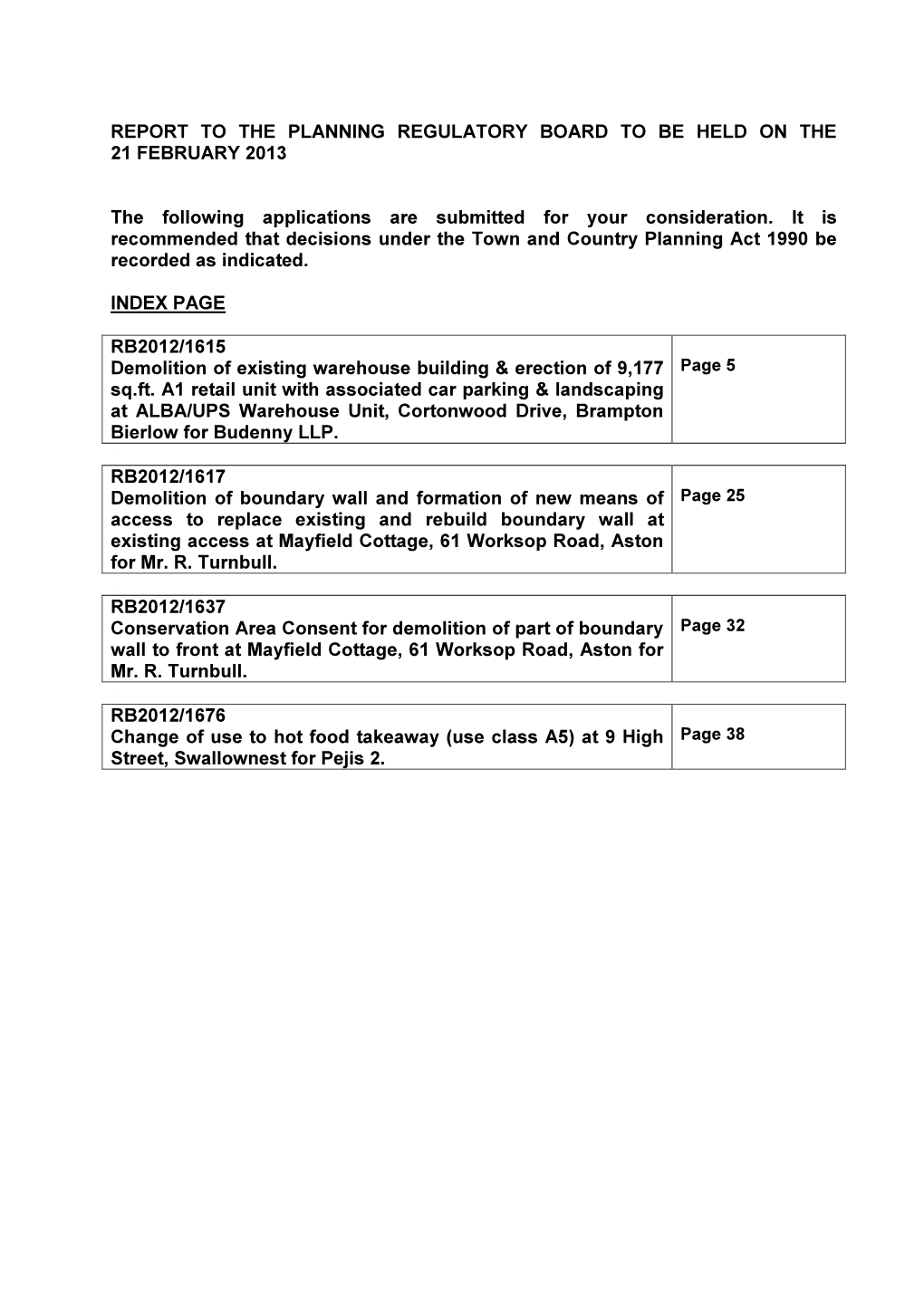 REPORT to the PLANNING REGULATORY BOARD to BE HELD on the 21 FEBRUARY 2013 the Following Applications Are Submitted for Your