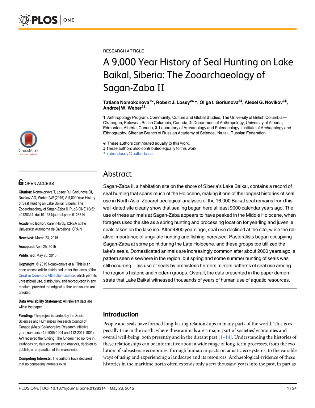 A 9,000 Year History of Seal Hunting on Lake Baikal, Siberia: the Zooarchaeology of Sagan-Zaba II