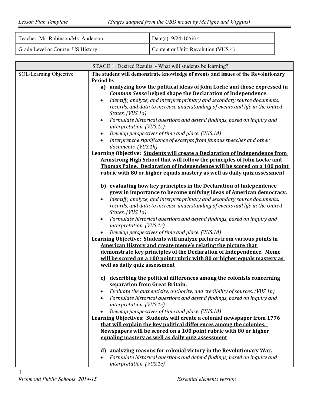 Richmond Public Schools 2014-15 Essential Elements Version