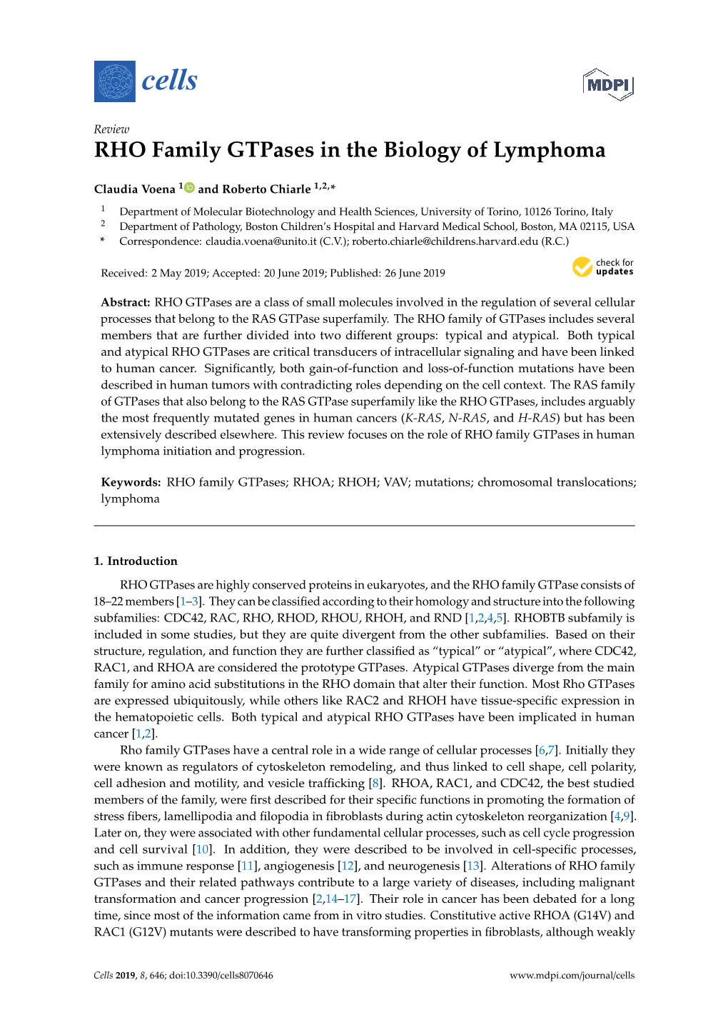 RHO Family Gtpases in the Biology of Lymphoma