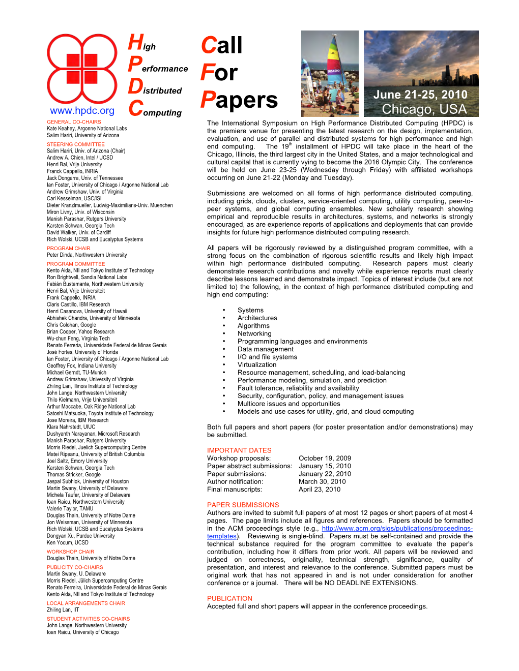 High Performance Distributed Computing Call for Papers