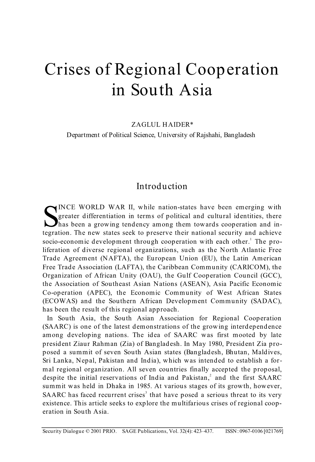 Crises of Regional Cooperation in South Asia