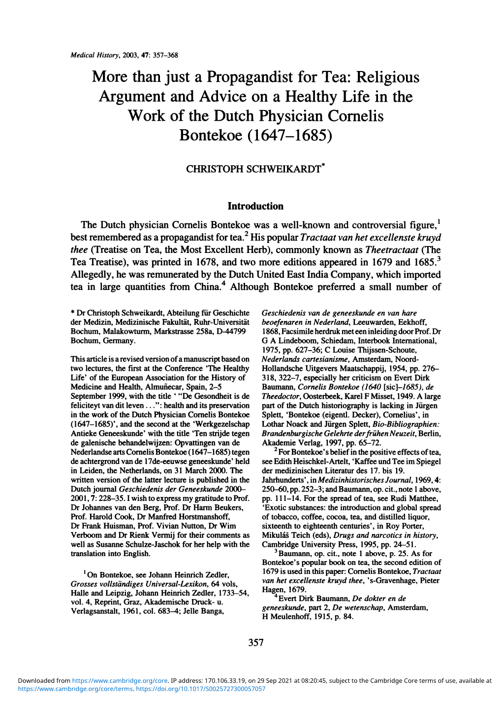 More Than Just a Propagandist for Tea: Religious Argument and Advice on a Healthy Life in the Work of the Dutch Physician Cornelis Bontekoe (1647-1685)