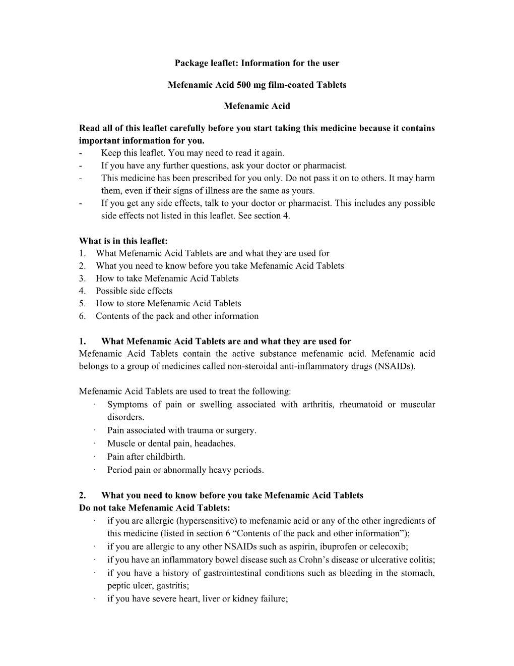 Package Leaflet: Information for the User Mefenamic Acid 500 Mg Film