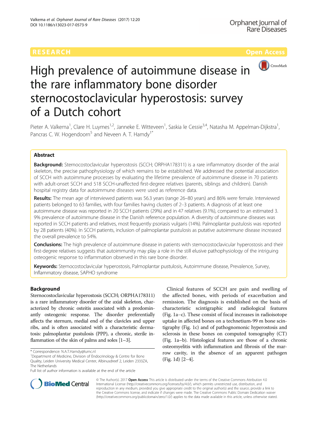 High Prevalence of Autoimmune Disease in the Rare Inflammatory Bone Disorder Sternocostoclavicular Hyperostosis: Survey of a Dutch Cohort Pieter A