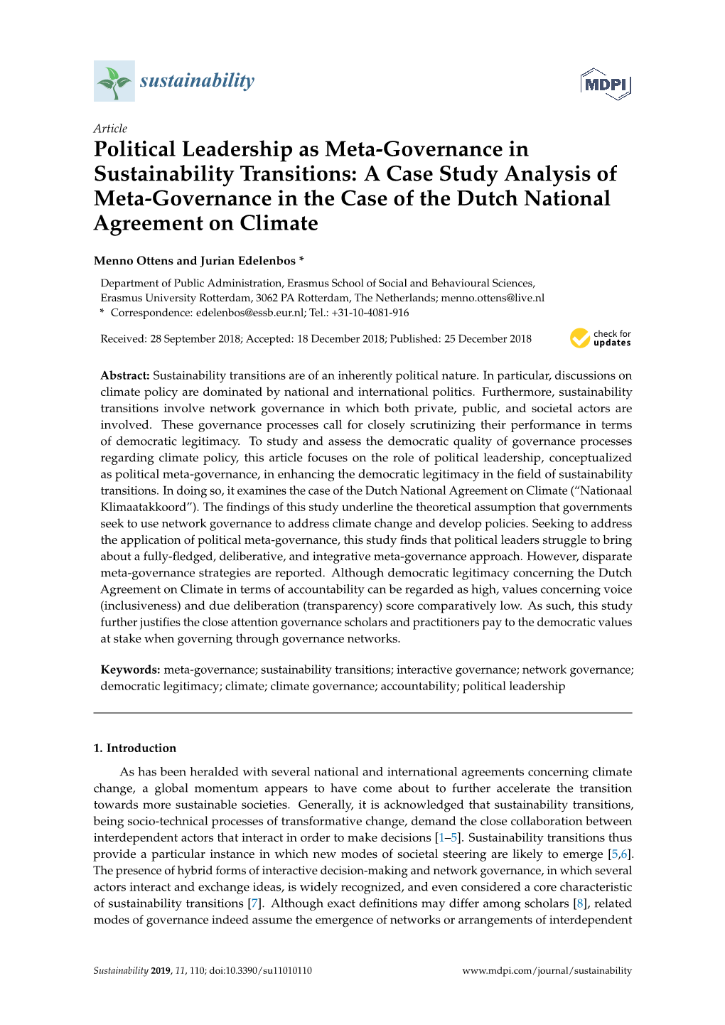 Political Leadership As Meta-Governance in Sustainability Transitions: a Case Study Analysis of Meta-Governance in the Case of the Dutch National Agreement on Climate