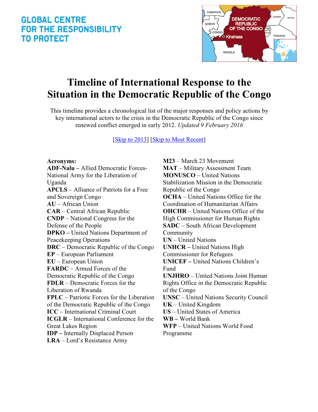 Timeline of International Response to the Situation in the Democratic Republic of the Congo