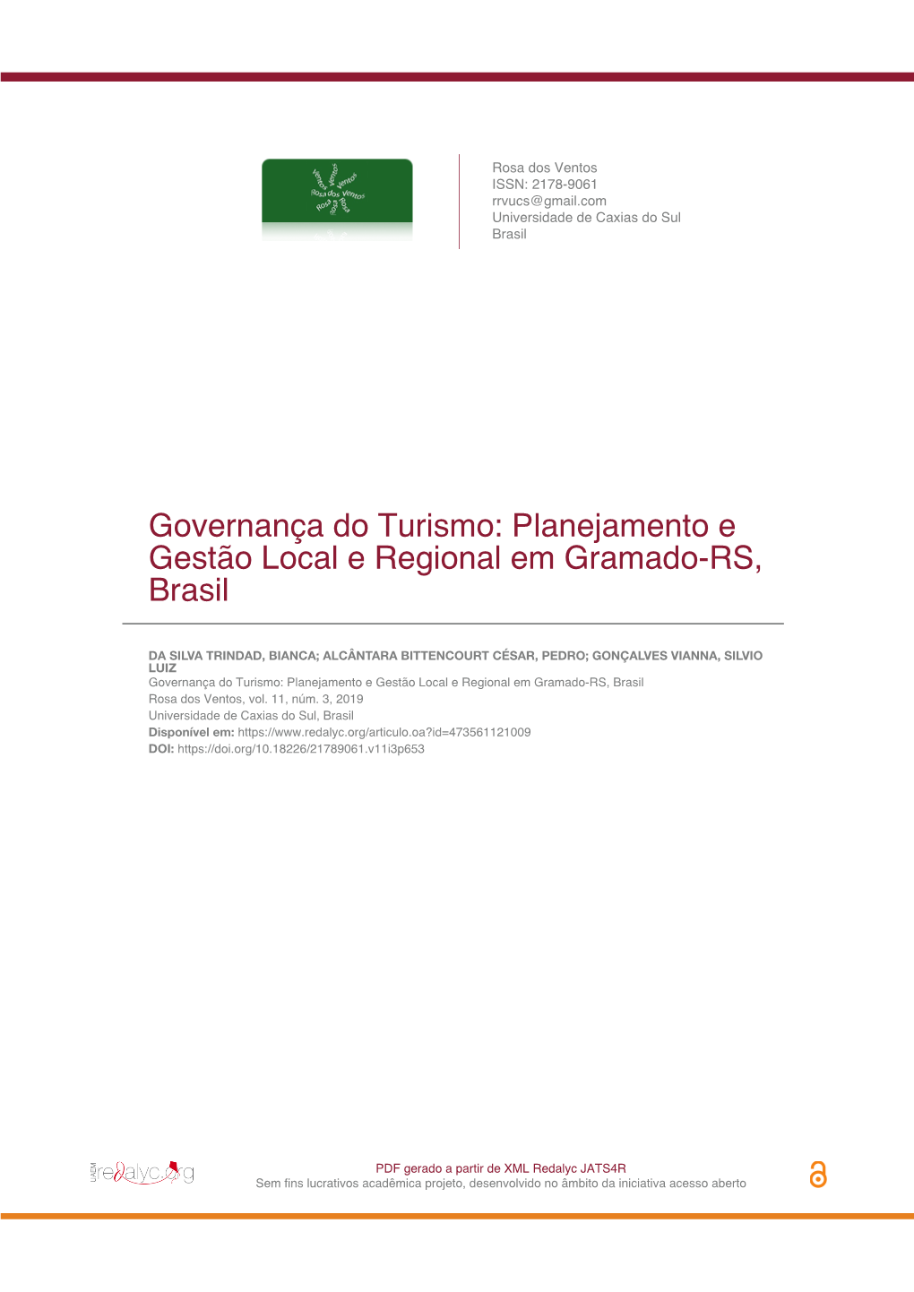 Governança Do Turismo: Planejamento E Gestão Local E Regional Em Gramado-RS, Brasil