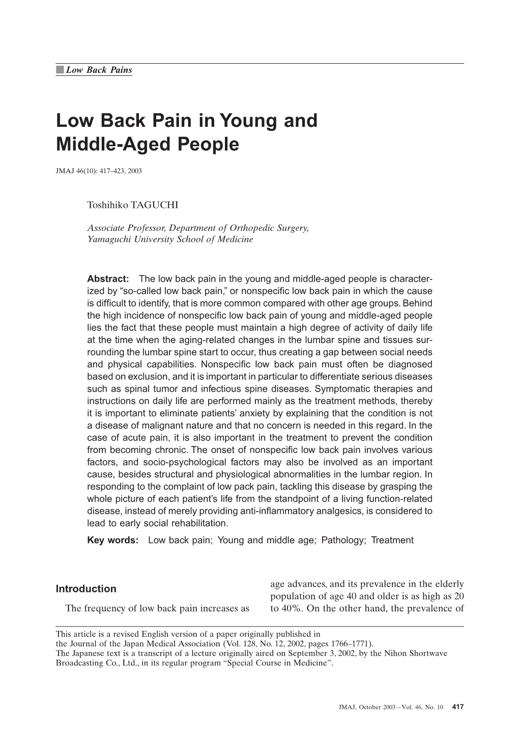 Low Back Pain in Young and Middle-Aged People