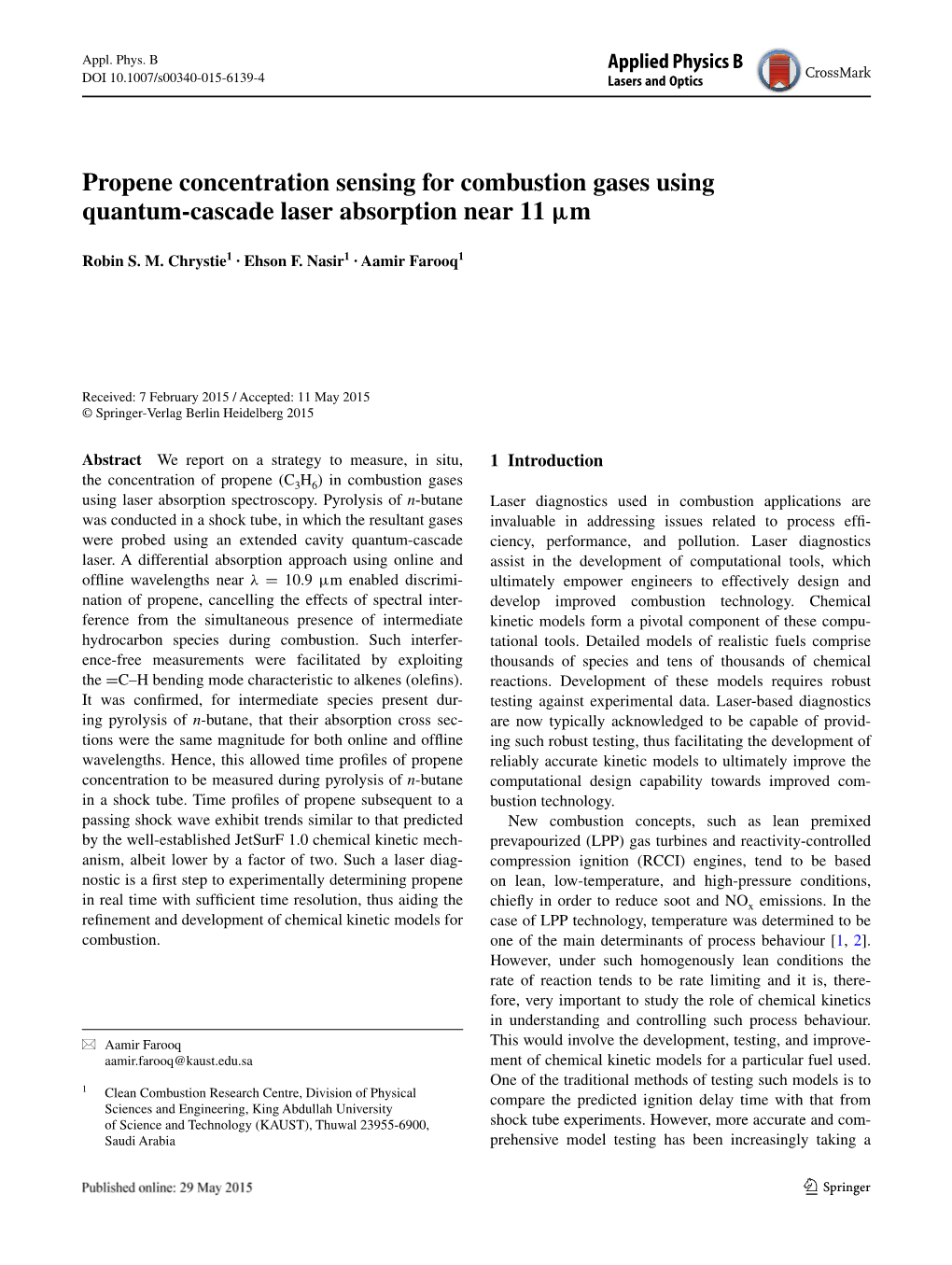 Propene Concentration Sensing for Combustion Gases Using Quantum-Cascade Laser Absorption Near 11 Μm