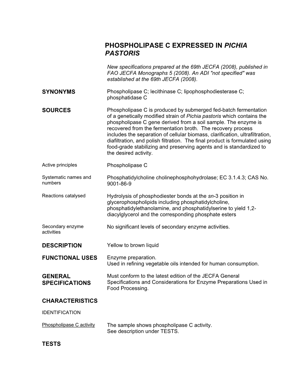 Phospholipase C Expressed in Pichia Pastoris