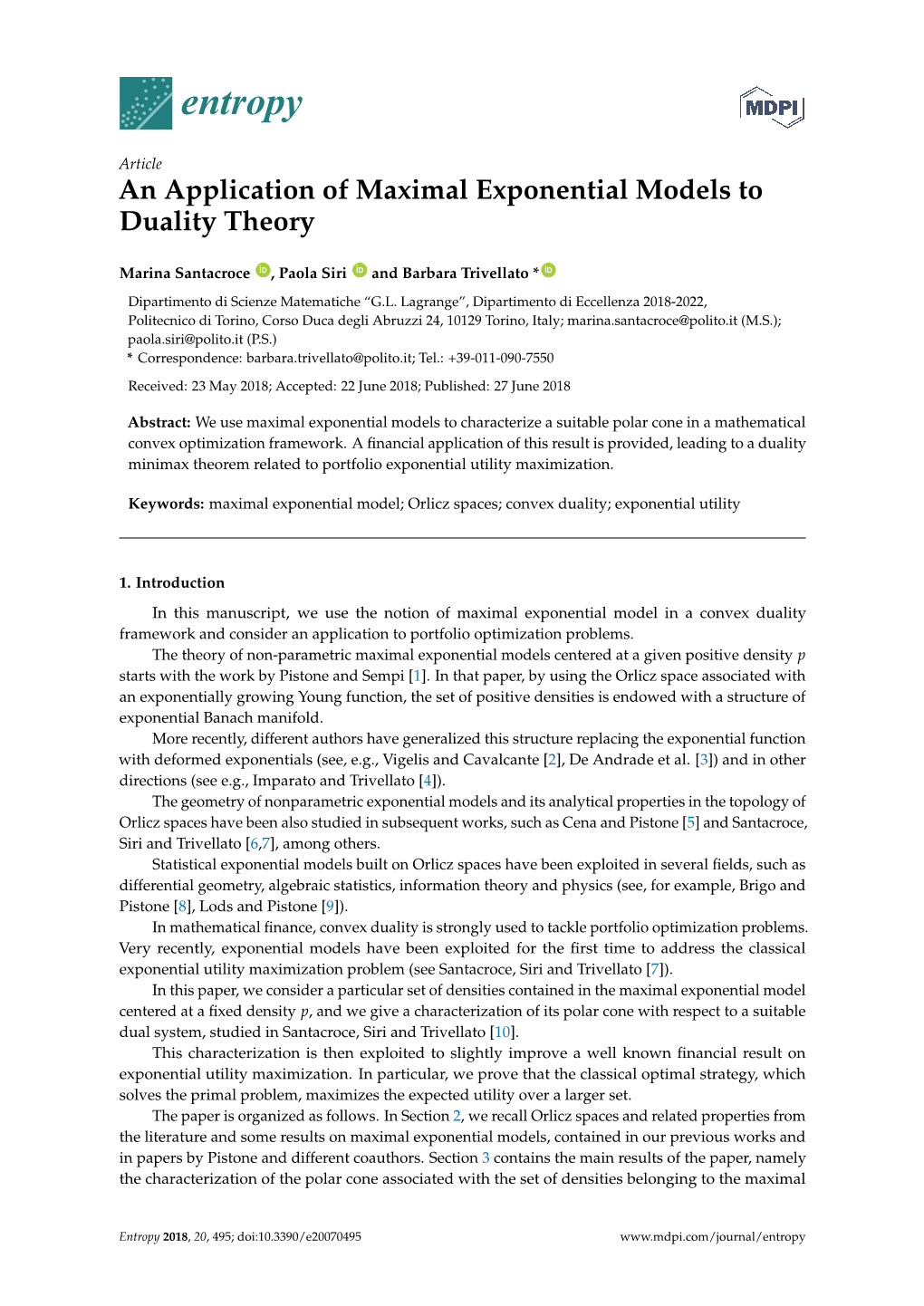 An Application of Maximal Exponential Models to Duality Theory