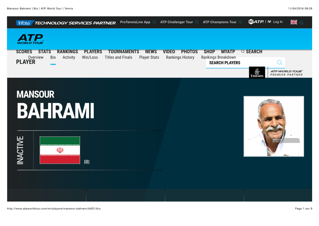 Mansour Bahrami | Bio | ATP World Tour | Tennis 11/04/2016 09:28