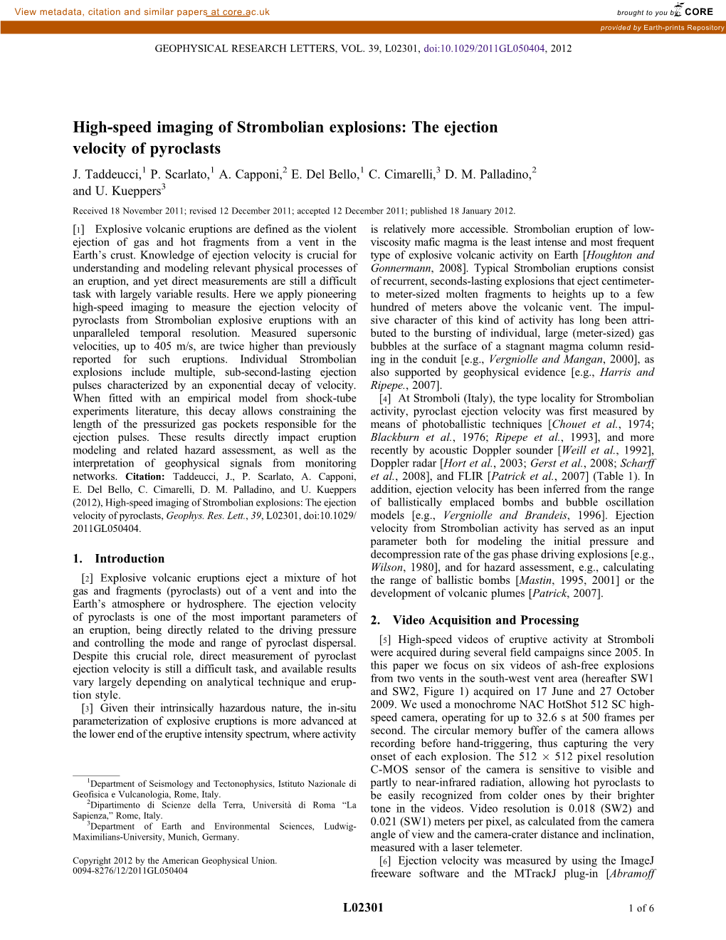 High-Speed Imaging of Strombolian Explosions: the Ejection Velocity of Pyroclasts J