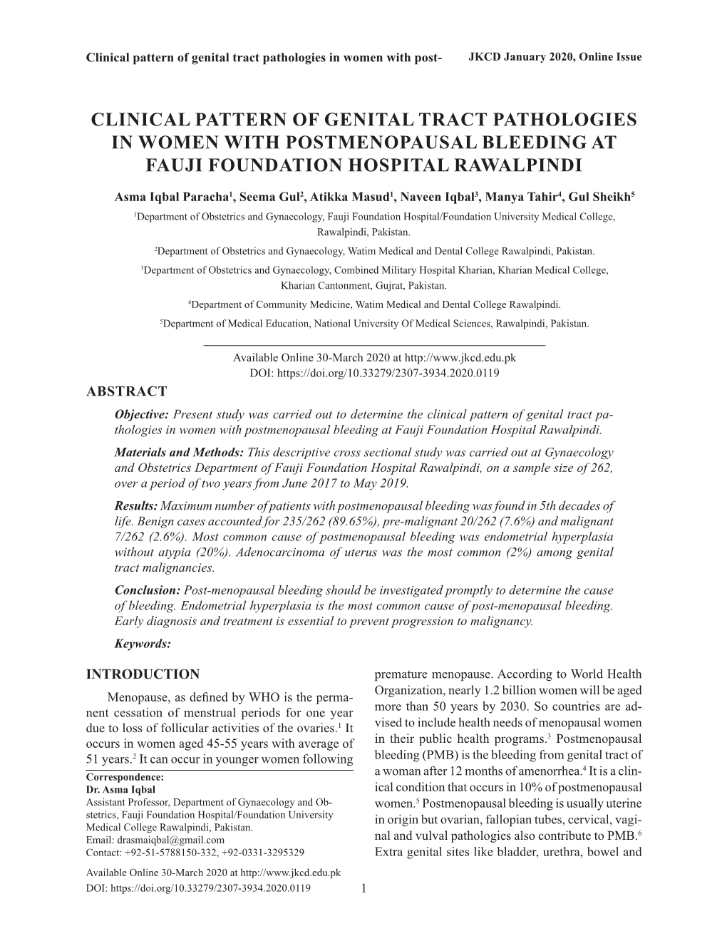 Clinical Pattern of Genital Tract Pathologies in Women with Post- JKCD January 2020, Online Issue