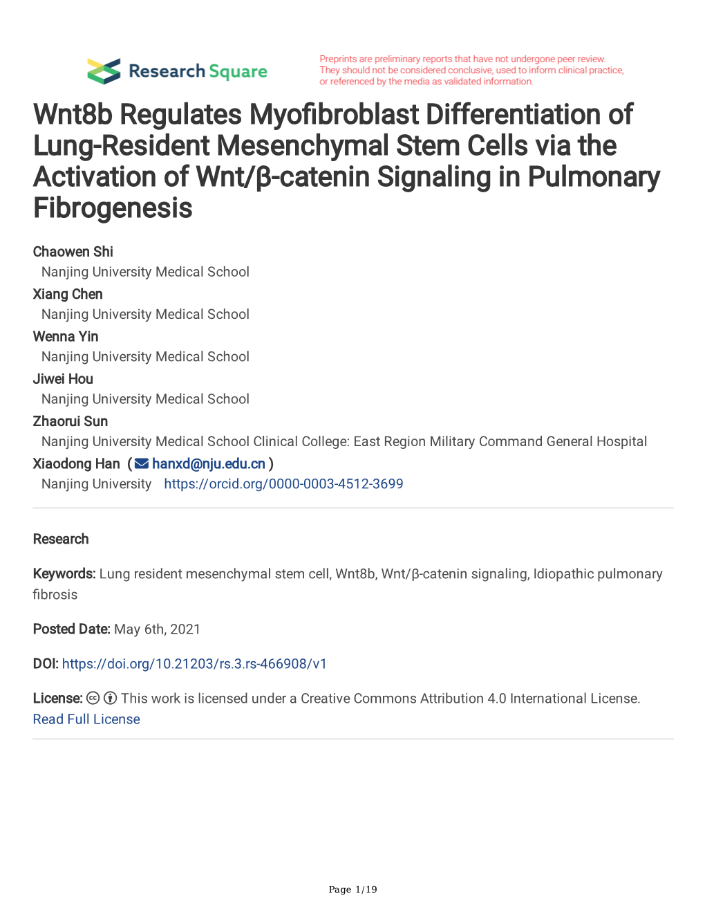 Wnt8b Regulates Myo Broblast Differentiation of Lung-Resident Mesenchymal Stem Cells Via the Activation of Wnt/Β-Catenin Signal