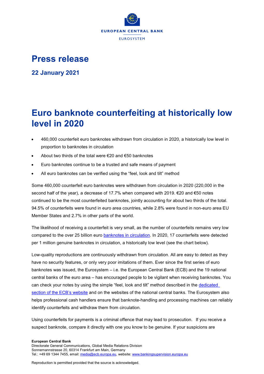 Press Release Euro Banknote Counterfeiting at Historically Low Level in 2020