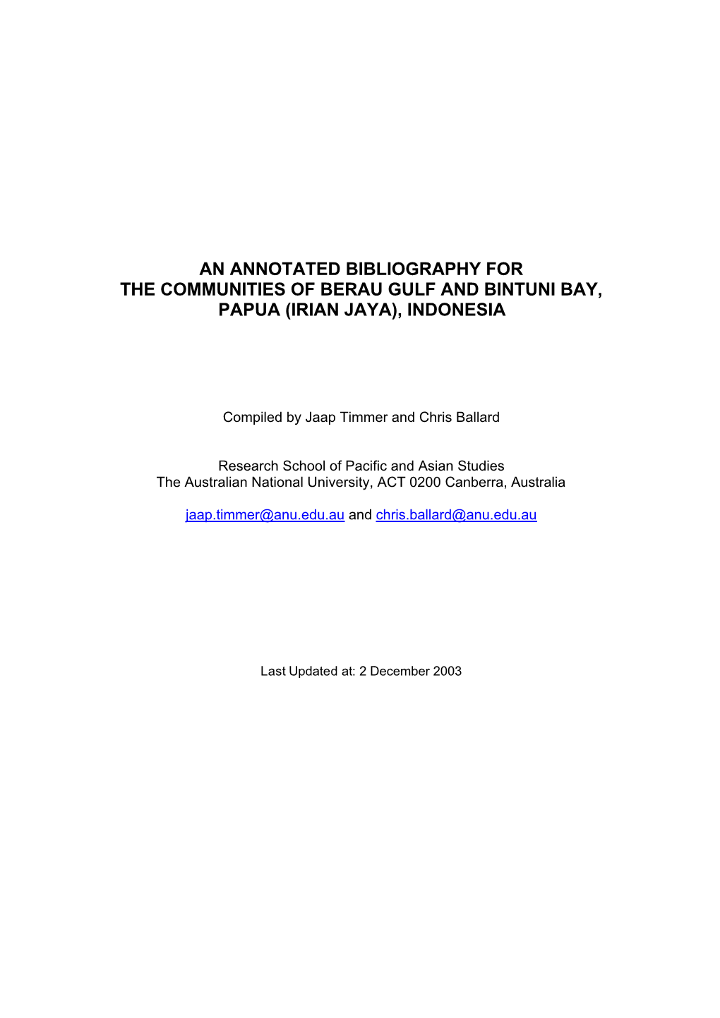 Annotated Bibliography of Berau Gulf and Bintuni Bay Communities In