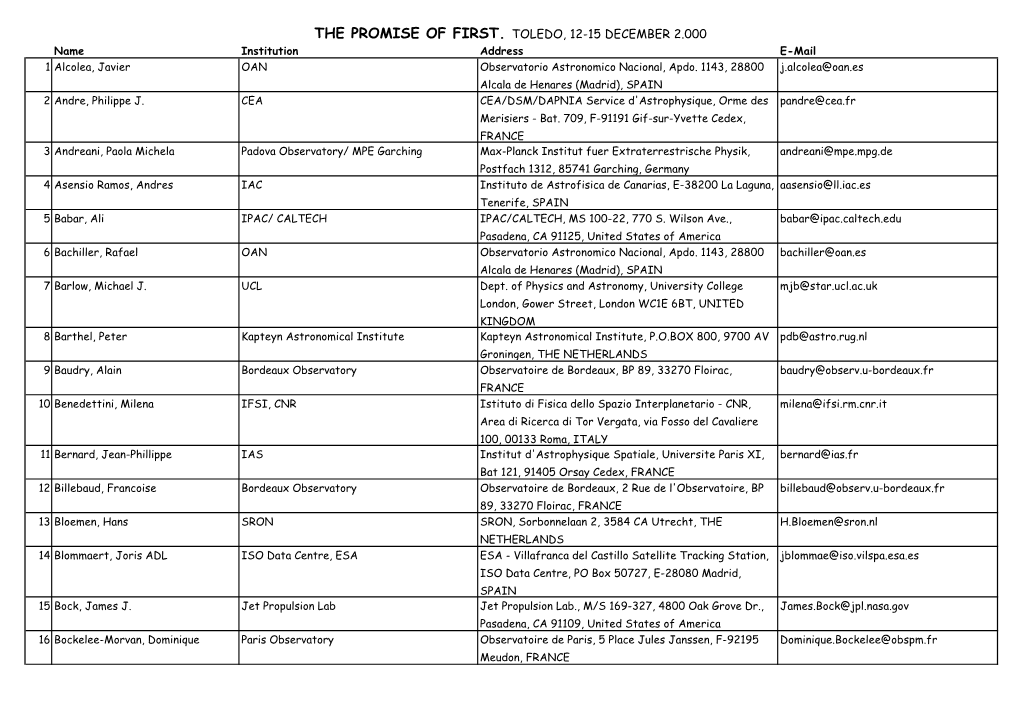 THE PROMISE of FIRST. TOLEDO, 12-15 DECEMBER 2.000 Name Institution Address E-Mail 1 Alcolea, Javier OAN Observatorio Astronomico Nacional, Apdo