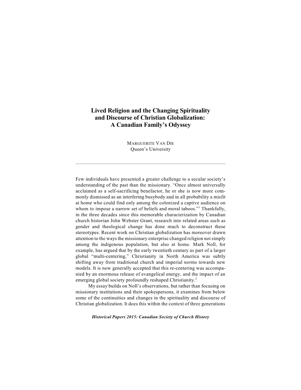 Lived Religion and the Changing Spirituality and Discourse of Christian Globalization: a Canadian Family's Odyssey