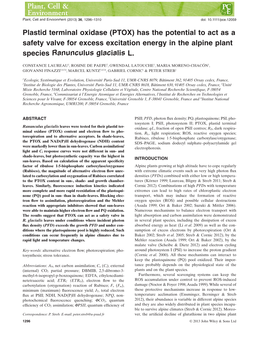 Plastid Terminal Oxidase (PTOX) Has the Potential to Act As a Safety Valve for Excess Excitation Energy in the Alpine Plant Species Ranunculus Glacialis L