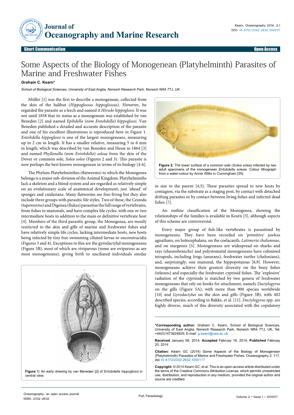 Some Aspects of the Biology of Monogenean (Platyhelminth) Parasites of Marine and Freshwater Fishes Graham C