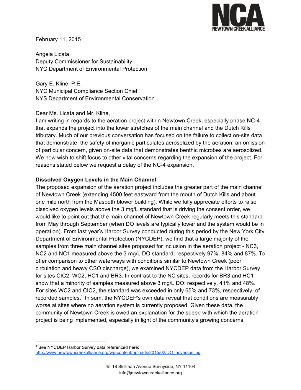 February 11, 2015 Letter from NCA to DEP And