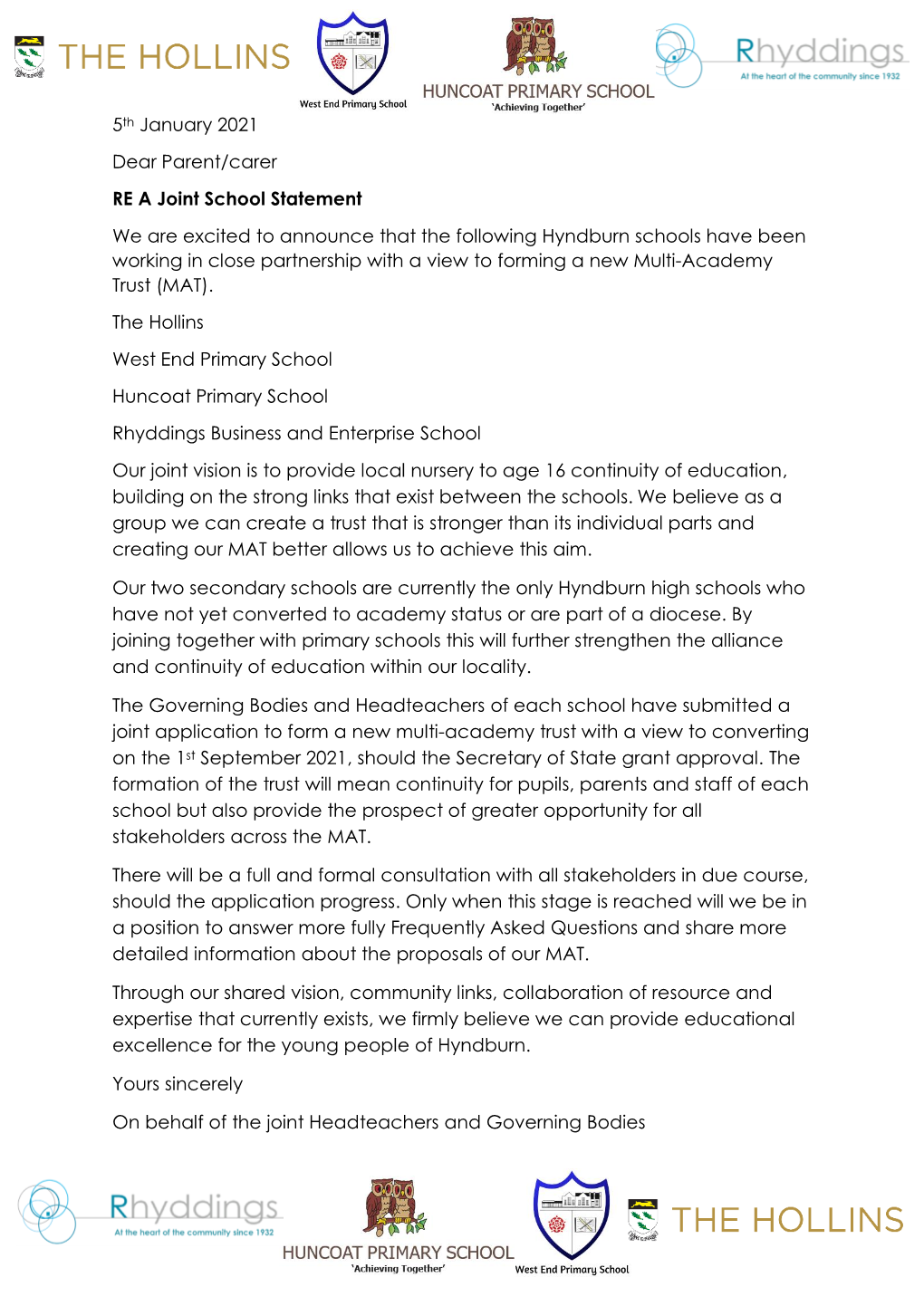 5Th January 2021 Dear Parent/Carer RE a Joint School Statement