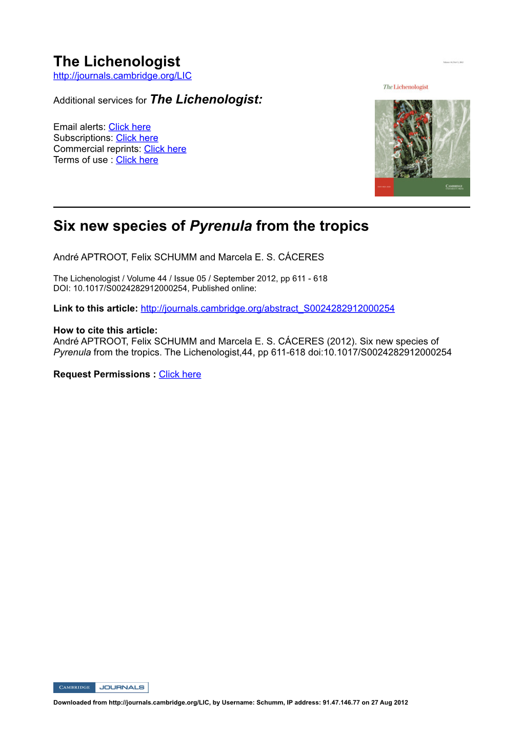 The Lichenologist Six New Species of Pyrenula from the Tropics