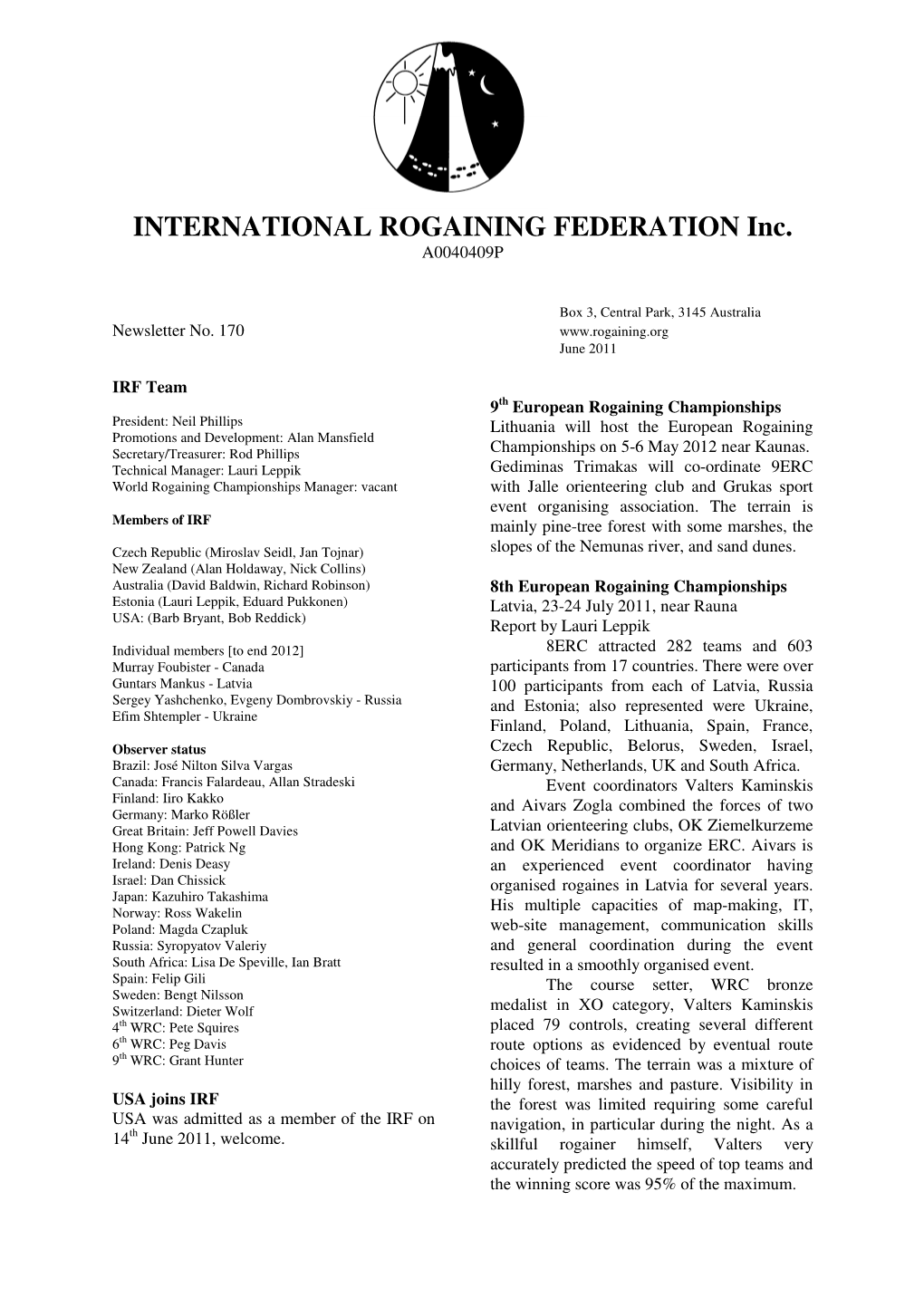 INTERNATIONAL ROGAINING FEDERATION Inc. A0040409P