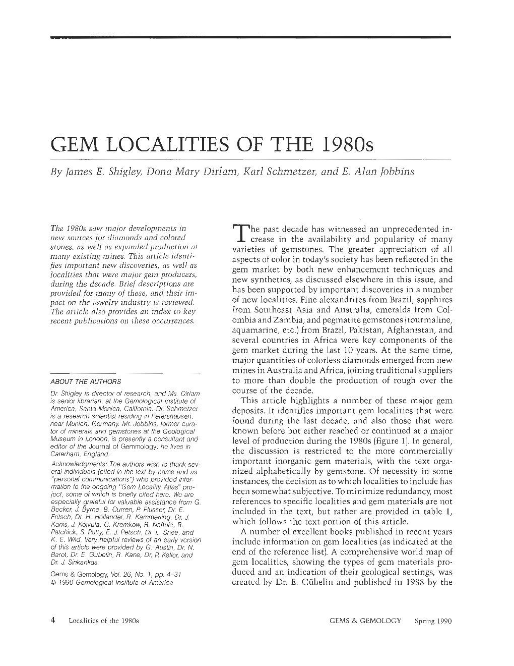 GEM LOCALITIES of the 1980S