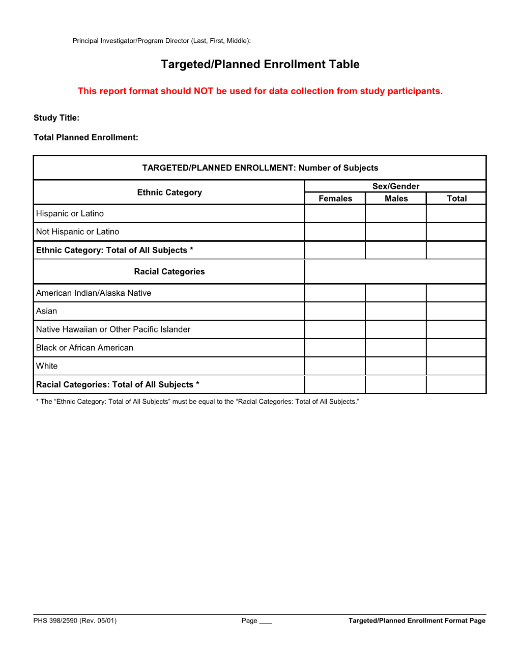 PHS 398 (Rev. 5/01), Targeted/Planned Enrollment Table