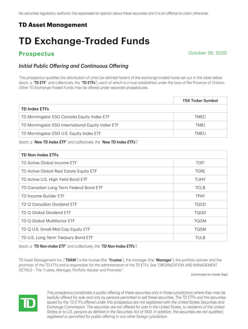 TD Exchange-Traded Funds Prospectus October 29, 2020