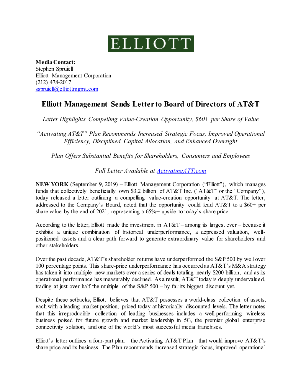 Elliott Management Sends Letter to Board of Directors of AT&T