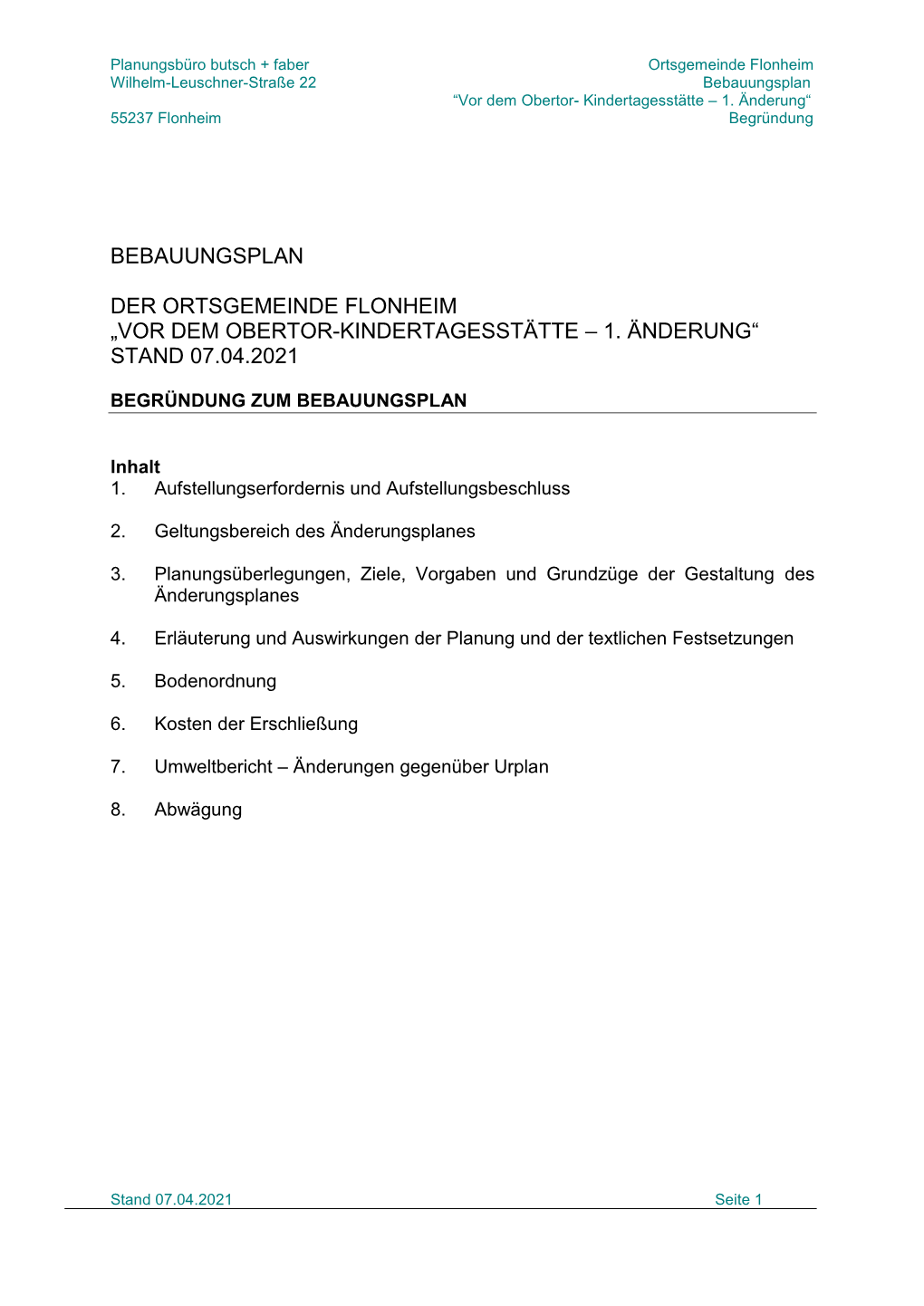 Bebauungsplan Der Ortsgemeinde Flonheim