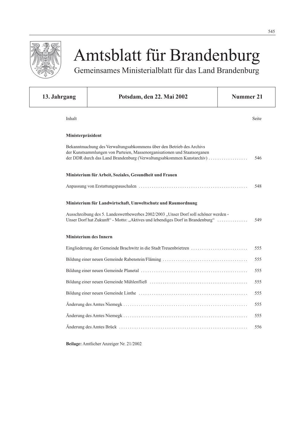 Amtsblatt Für Brandenburg, 2002, Nummer 21