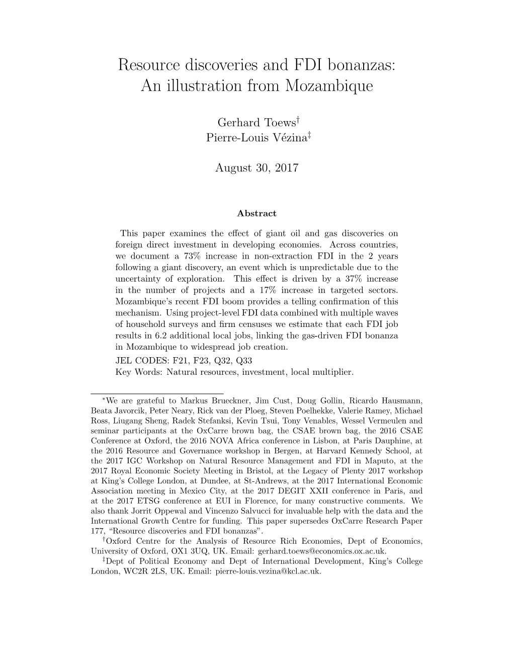 Resource Discoveries and FDI Bonanzas: an Illustration from Mozambique