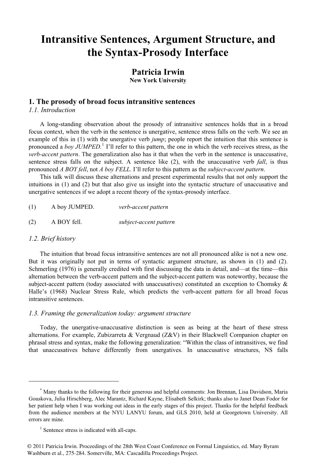 Intransitive Sentences, Argument Structure, and the Syntax-Prosody Interface