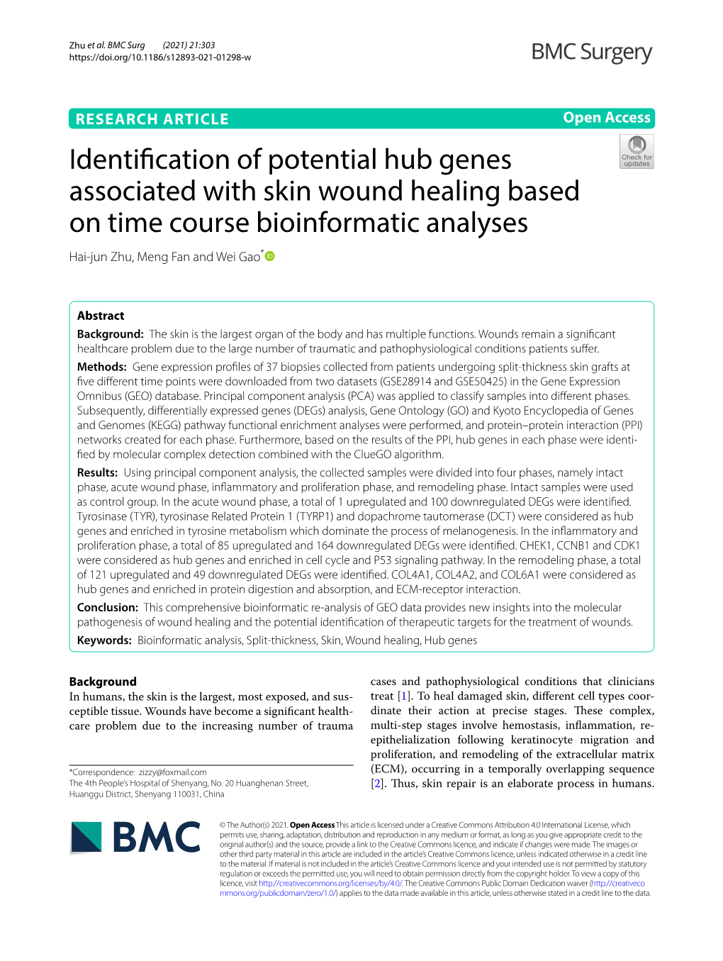 Identification of Potential Hub Genes Associated with Skin Wound Healing