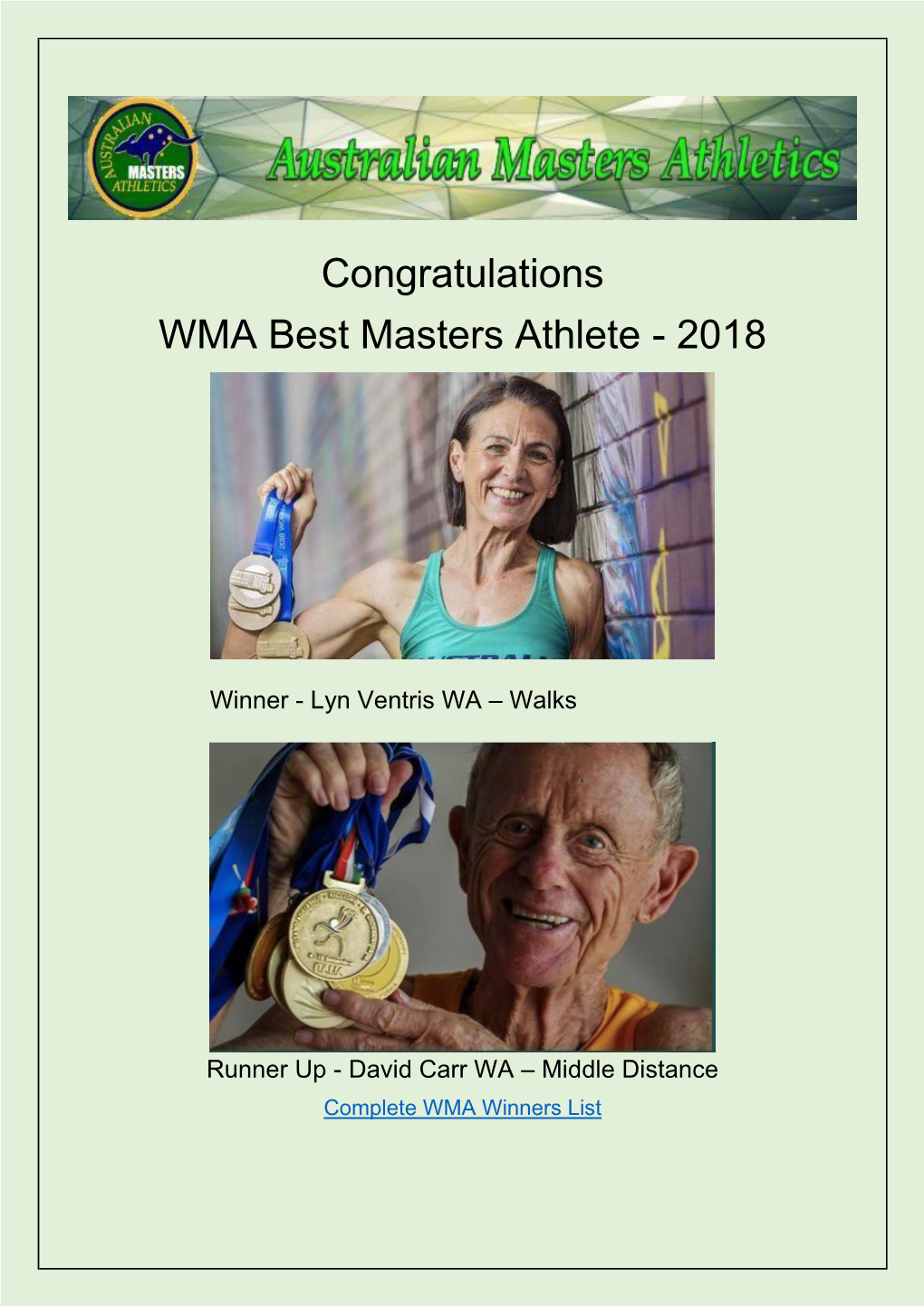 Congratulations WMA Best Masters Athlete