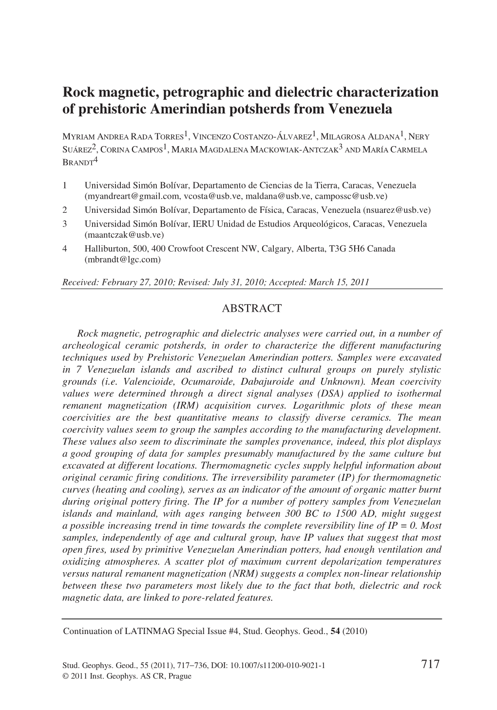 Rock Magnetic, Petrographic and Dielectric Characterization of Prehistoric Amerindian Potsherds from Venezuela