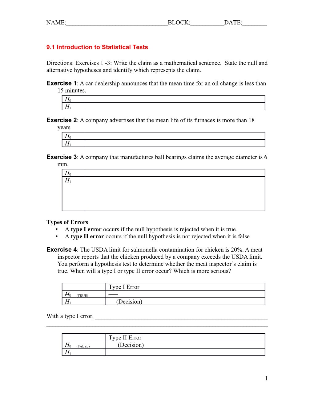 9.1 Introduction to Statistical Tests