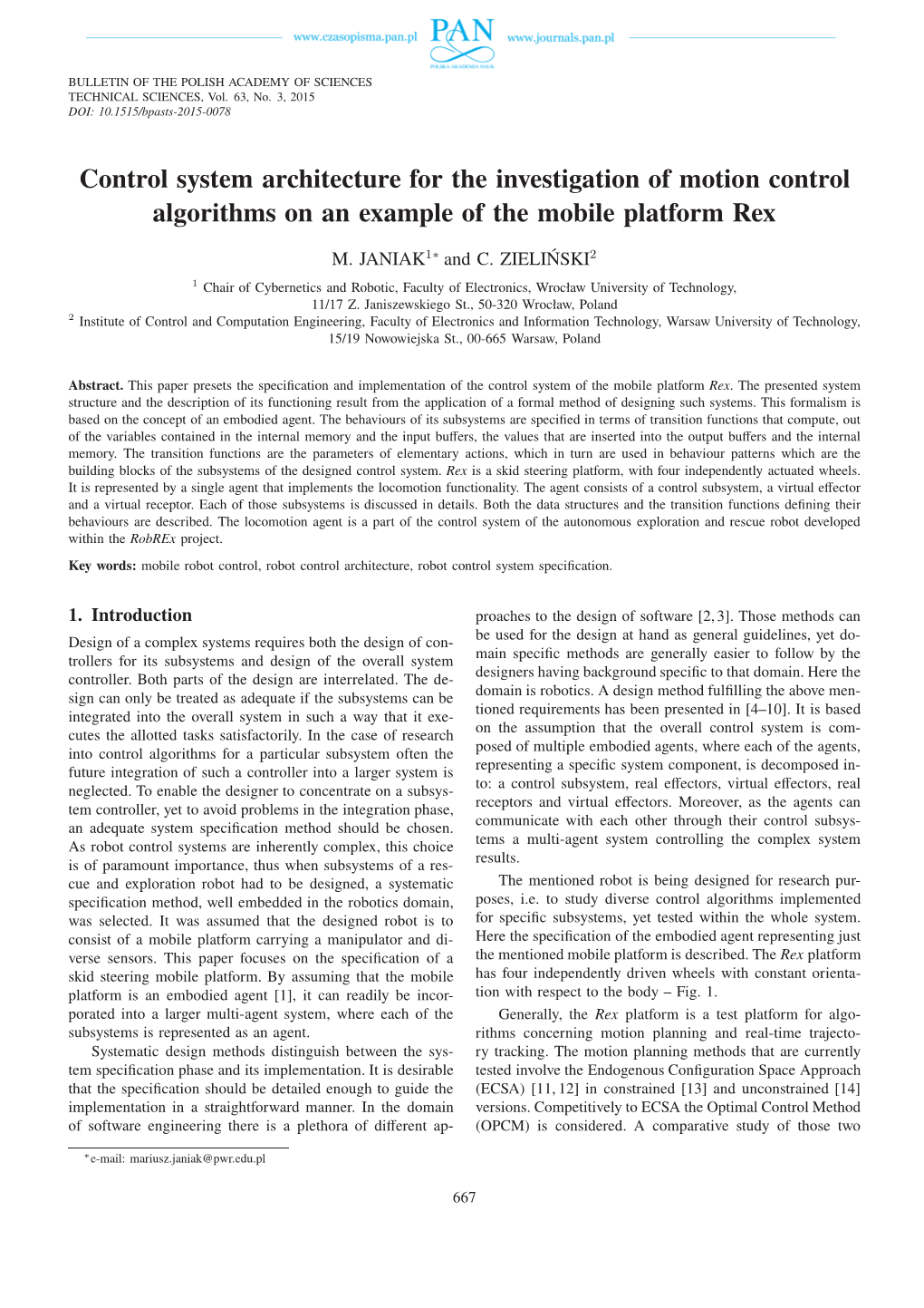 Control System Architecture for the Investigation of Motion Control Algorithms on an Example of the Mobile Platform Rex