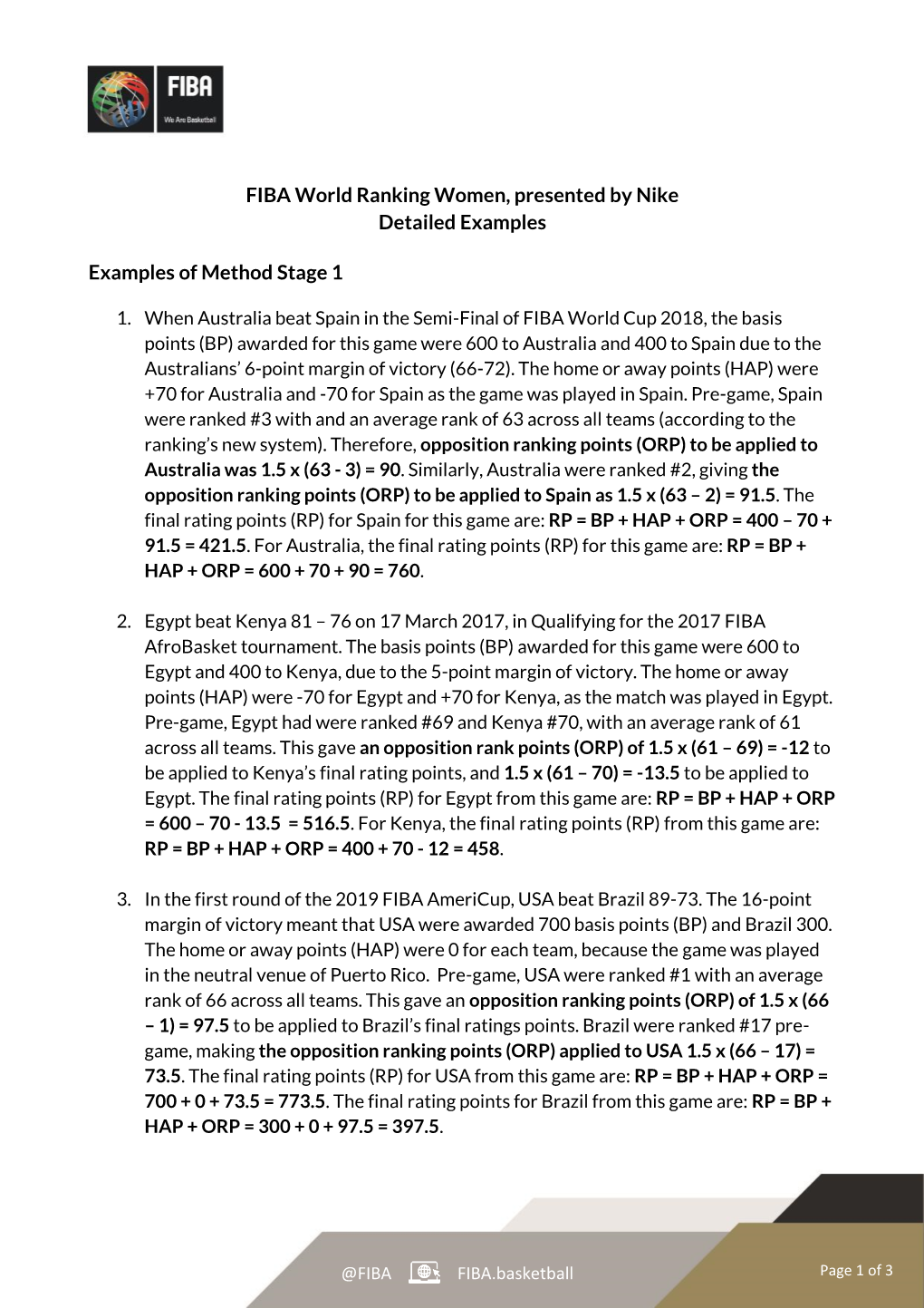 FIBA World Ranking Women, Presented by Nike Detailed Examples Examples of Method Stage 1