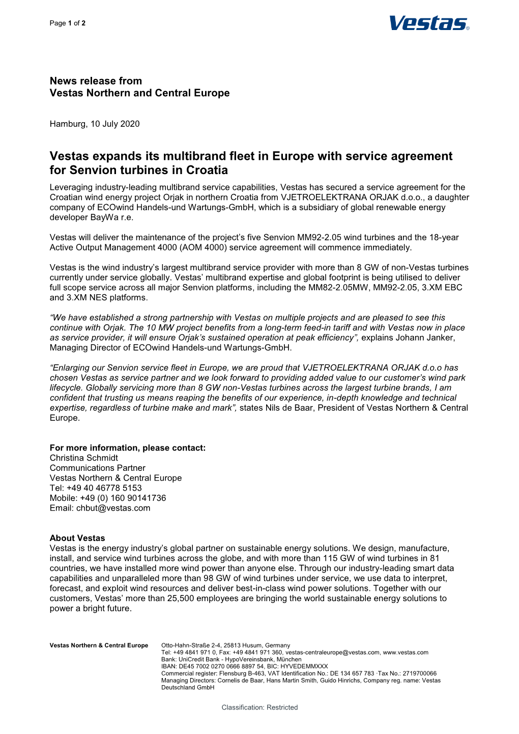 Vestas Expands Its Multibrand Fleet in Europe with Service Agreement For