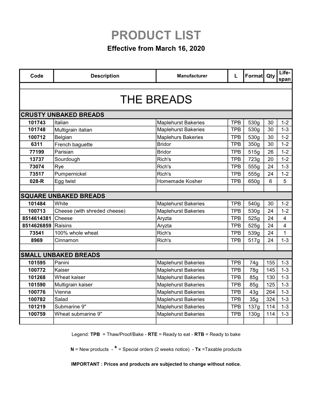 PRODUCT LIST Effective from March 16, 2020