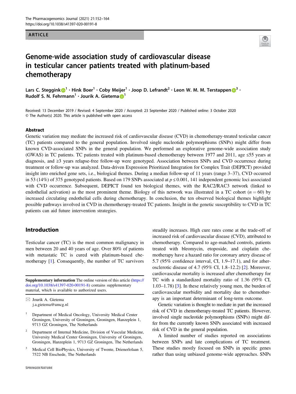 Genome-Wide Association Study of Cardiovascular Disease in Testicular Cancer Patients Treated with Platinum-Based Chemotherapy