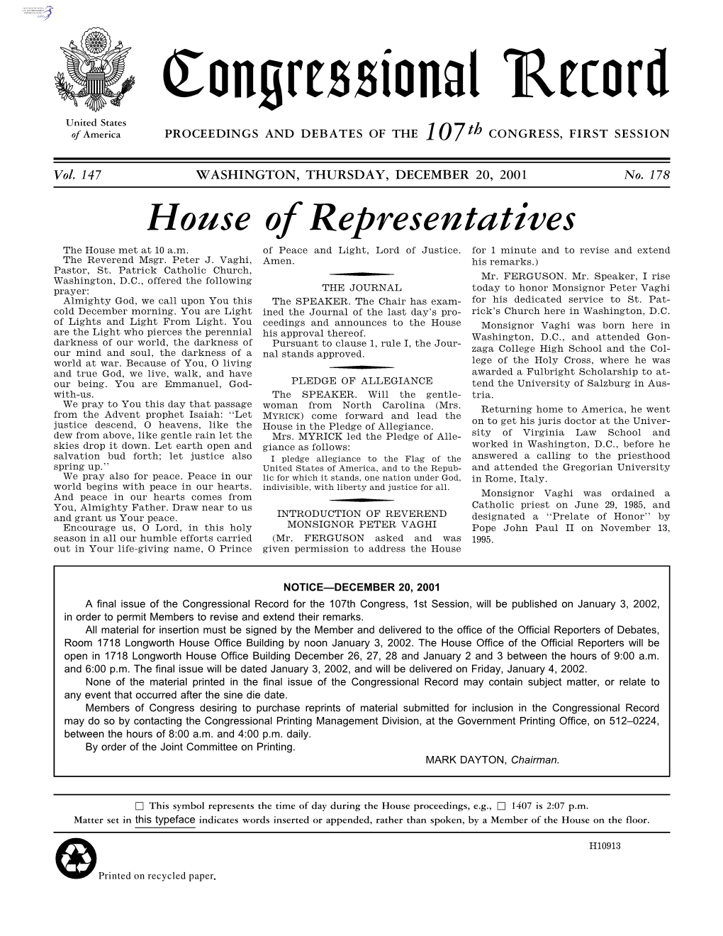 Congressional Record United States of America PROCEEDINGS and DEBATES of the 107Th CONGRESS, FIRST SESSION