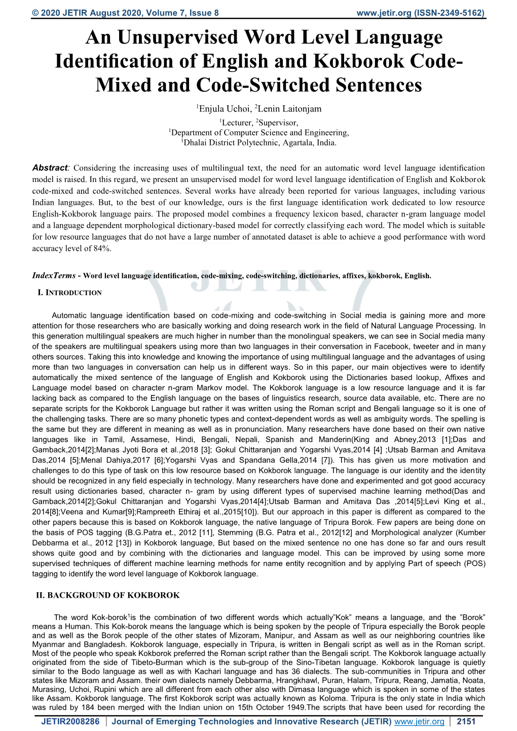 An Unsupervised Word Level Language Identification of English and Kokborok Code