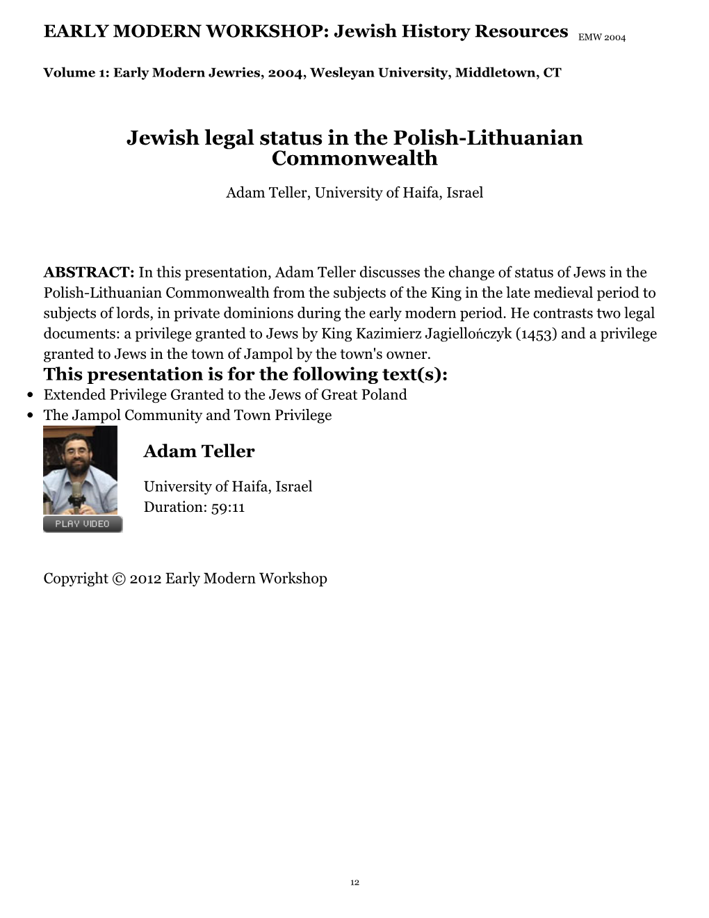 Jewish Legal Status in the Polish-Lithuanian Commonwealth